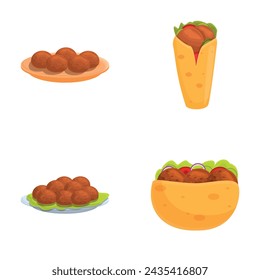 Falafel icons set cartoon vector. Fresh falafel full of meat and fresh vegetable. Jewish, arabic cuisine