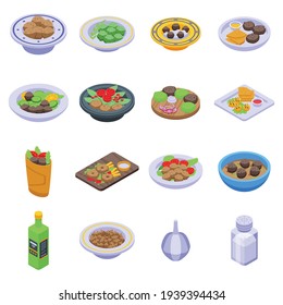 Fijación de iconos de Falafel. Conjunto isométrico de iconos vectoriales falafel para diseño web aislados en fondo blanco