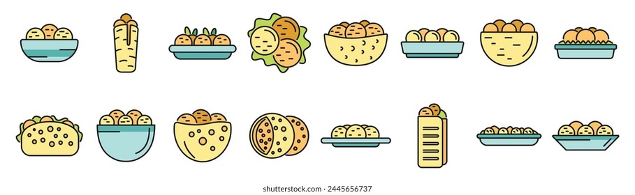 Falafel icons set outline vector. Pita food. Arab ball thin line color flat on white