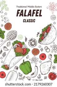 Falafel and ingredients for falafel, sketch drawing illustration. Middle eastern cuisine frame. Fast food, design elements. Hand drawn, menu and package design. Vegan food