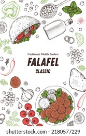 Falafel and ingredients for falafel, sketch drawing illustration. Middle eastern cuisine frame. Fast food, design elements. Hand drawn, menu and package design. Vegan food