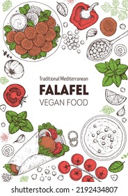 Falafel and ingredients for falafel, sketch drawing illustration. Middle eastern cuisine frame. Fast food, design elements. Hand drawn, menu and package design. Vegan food