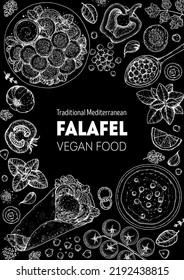 Falafel and ingredients for falafel, sketch drawing illustration. Middle eastern cuisine frame. Fast food, design elements. Hand drawn, menu and package design. Vegan food
