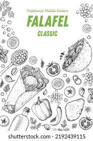 Falafel and ingredients for falafel, sketch drawing illustration. Middle eastern cuisine frame. Fast food, design elements. Hand drawn, menu and package design. Vegan food