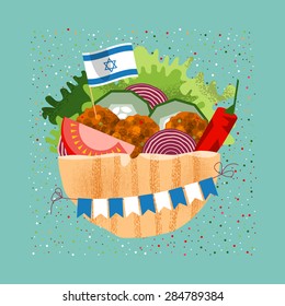 Falafel with the Israeli flag and garland for independence day. Vector illustration