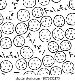 Falafel and Lettering Seamless Endless Background. Middle Eastern Cuisine. Arabic Israel Vegetarian Healthy Fast Food. Jewish Street Food. Realistic Hand Drawn Illustration. Savoyar Doodle Style.