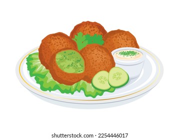 Falafel with lettuce and yogurt sauce icon vector. Falafel food on a plate illustration. Chickpea deep fried balls and vegetables vector isolated on white background. Middle Eastern cuisine drawing