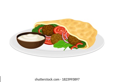 Falafel as National Street Food of Israel Served on Plate with Sauce Vector Illustration