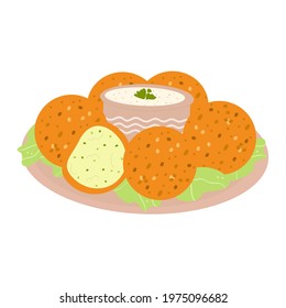 Falafel on a plate with yogurt sauce isolated on white background. Vector food illustration. Healthy vegetarian fast food.