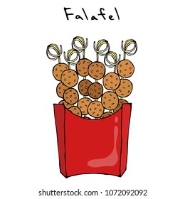 Falafel on a Skewer in a Box. Grill BBQ Falafel. Middle Eastern Cuisine. Arabic Israel Vegetarian Healthy Fast Food. Jewish Street Food. Realistic Hand Drawn Illustration. Savoyar Doodle Style.