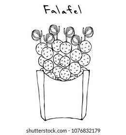 Falafel on a Skewer in a Box. Grill BBQ Falafel. Middle Eastern Cuisine. Arabic Israel Vegetarian Healthy Fast Food. Jewish Street Food. Realistic Hand Drawn Illustration. Savoyar Doodle Style.