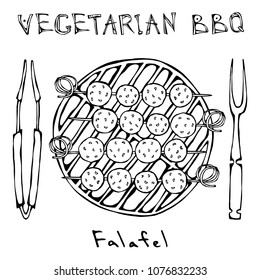 Falafel on a Skewer. Grill BBQ Falafel. Middle Eastern Cuisine. Arabic Israel Vegetarian Healthy Fast Food. Jewish Street Food. Realistic Hand Drawn Illustration. Savoyar Doodle Style.