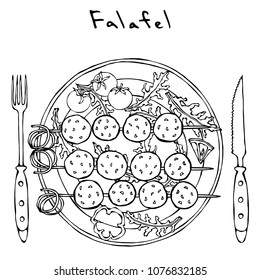 Falafel on Skewer on Plate with Arugula Leaves, Lemon, Fork, Knife. Grill BBQ. Arabic Israel Vegetarian Healthy Fast Food. Jewish Street Food. Realistic Hand Drawn Illustration. Savoyar Doodle Style.