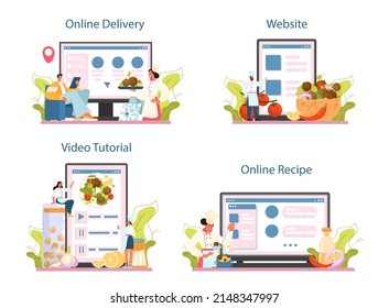 Falafel online service or platform set. Traditional dish of Jewish cuisine. Vegetarian food made from ground bean. Online delivery, recipe, video tutorial, website. Flat vector illustration