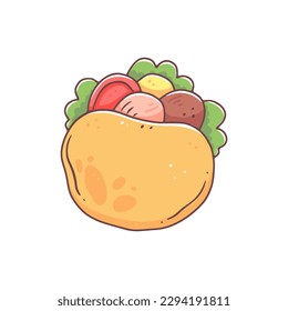 Falafel in pita bread in a cute kawaii doodle style. Vector isolated fast food illustration.