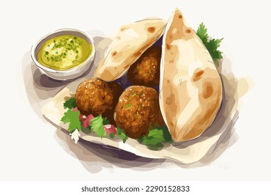 Falafel with Pita bread and sauce hand drawn illustration, middle eastern cuisine