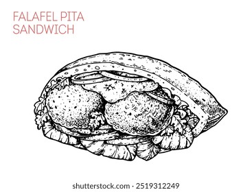 Falafel em pita pão esboço. Ilustração de vetor desenhada à mão.