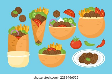 Falafel in pita bread,  tortilla wrap and on plate element set. Middle eastern cuisine and street food icons. Vector illustration