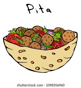 Falafel Pita or Meatball Salad in Pocket Bread. Arabic Israel Healthy Fast Food Bakery. Jewish Street Food. Realistic Hand Drawn Illustration. Savoyar Doodle Style.