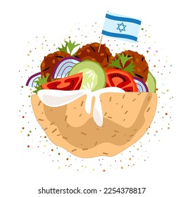 Falafel pita sandwich with the Israeli flag. Deep-fried balls made from ground chickpeas. Israel’s Independence day. Vector illustration

