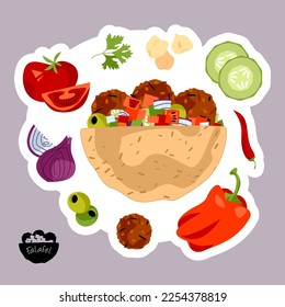 Falafel pita sandwich with various vegetables. Deep-fried balls made from ground chickpeas. Middle Eastern cuisine. Vector illustration

