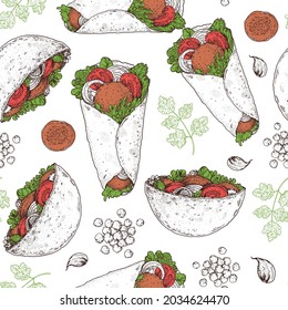 Falafel, pita, shawarma seamless pattern. Sketch and color illustration. Middle eastern cuisine background. Street food. Hand drawn, menu and package design. Vegan food