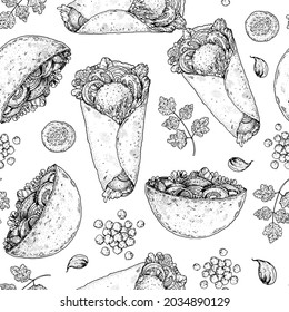 Falafel, pita, shawarma seamless pattern. Sketch illustration. Middle eastern cuisine background. Street food. Hand drawn, menu and package design. Vegan food