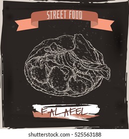 Falafel in pita sketch on grunge black background. Middle eastern cuisine. Street food series. Great for market, restaurant, cafe, food label design.
