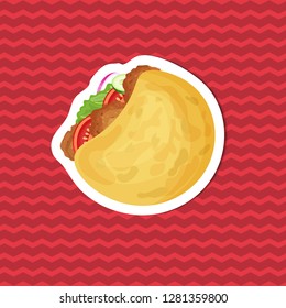 Falafel in pita sticker on red striped background. Graphic design elements for menu, packaging, ad, poster, brochure. Vector illustration of fast food for bistro, snack bar, cafe
