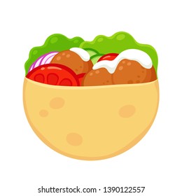 Falafel in pita with vegetables and yogurt sauce cartoon style drawing. Traditional Middle Eastern food vector clip art illustration.