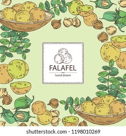 Falafel: falafel plate, chickpea bean, pod and plant . Vegetarian fast food. Vector hand drawn illustration