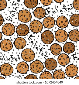 Falafel and Sesame Seeds Seamless Endless Background. Middle Eastern Cuisine. Arabic Israel Vegetarian Healthy Fast Food. Jewish Street Food. Realistic Hand Drawn Illustration. Savoyar Doodle Style.