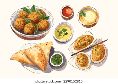 Falafel set menu with vegetables hand drawn illustration, traditional middle eastern food