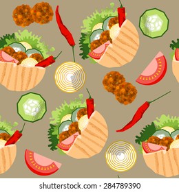 Falafel stuffed pita with vegetables. Seamless background pattern. Vector illustration