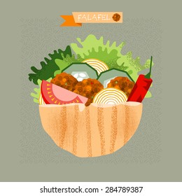 Falafel stuffed pita with vegetables. Vector illustration