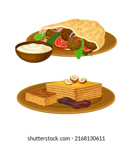 Falafel and Sweet Pastry Dessert on Plate as Egyptian Dish Vector Illustration Set