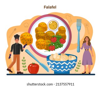 Falafel. Traditional dish of Jewish cuisine. Fried vegetarian food made from ground chickpeas or bean. Falafel pita sandwich. Flat vector illustration