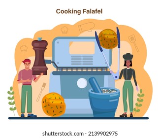 Falafel. Traditional dish of Jewish cuisine. Fried vegetarian food made from ground chickpeas or bean. Falafel pita sandwich. Flat vector illustration