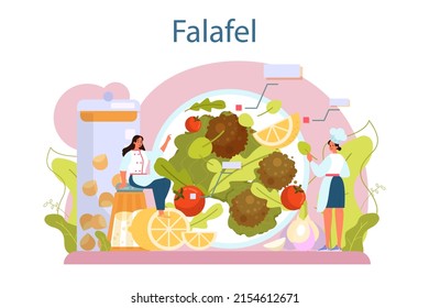 Falafel. Traditional dish of Jewish cuisine. Fried vegetarian food made from ground chickpeas or bean. Falafel pita sandwich. Flat vector illustration