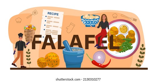 Falafel typographic header. Traditional dish of Jewish cuisine. Fried vegetarian food made from ground chickpeas or bean. Falafel pita sandwich. Flat vector illustration