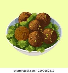 Falafel with vegetables on white bowl hand drawn illustration, Traditional Middle east cuisine