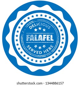 Falafel vintage label - sticker,emblem,seal,rubber stamp.Falafel - served here,delicious.Designed for product label. - Vektor 