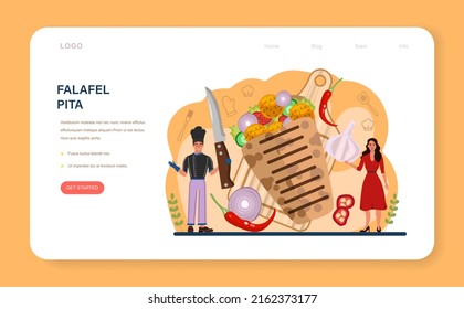 Falafel web banner or landing page. Traditional dish of Jewish cuisine. Fried vegetarian food made from ground chickpeas or bean. Falafel pita sandwich. Flat vector illustration