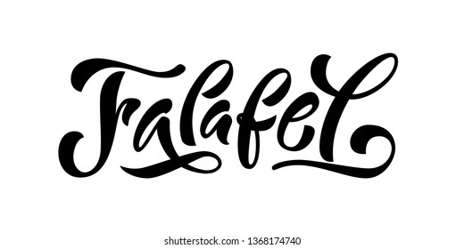 Falafel word. Hand drawn text logo. Vector illustration for falafel street food market isolated on white background. Graphic print design for banner, tee, t shirt, poster label stamp. Vegan fast food.