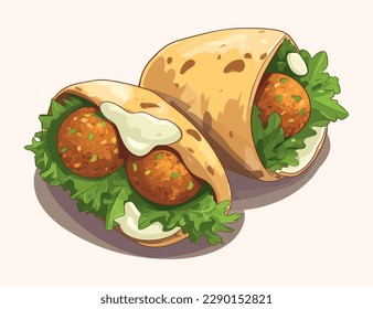 Falafel wrapped in Pita bread hand drawn illustration, traditional middle eastern cuisine