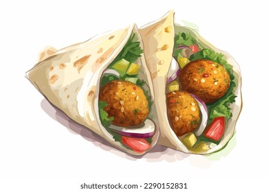 Falafel wrapped in shawarma hand drawn illustration, middle easter cuisine