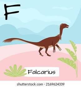 Falcarius dinosaur. Letter F. Children's alphabet education. Vector illustration of a prehistoric dinosaur.