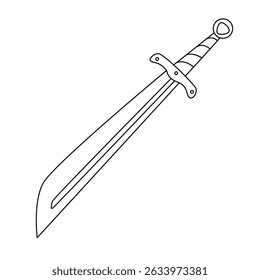 Falchion sword with a curved tip and broad blade, hand drawn in black outline style. Ideal for coloring pages, historical weapon sets, or fantasy-themed designs