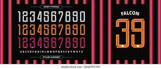 Falcon 39: Bold orange numbers with a stripe inline. Features white A-Z characters on a black background. A dynamic design for modern jersey styles.