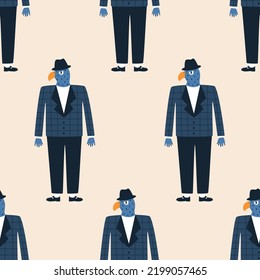Falcon bird man in a suit and hat hand drawn vector illustration. Funny animal character in clothes seamless pattern for kids fabric or wallpaper.